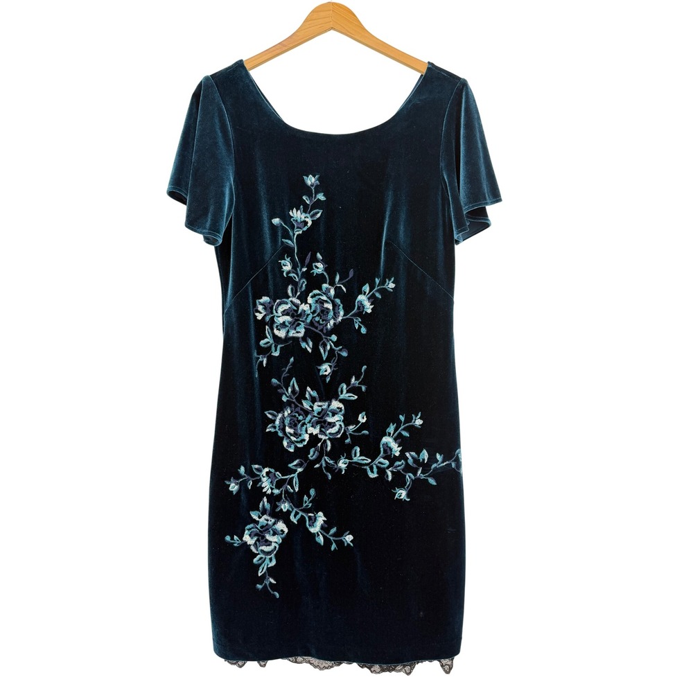WHBM Dress Teal Women S Velvet Floral‎ Embroidered Lace Trim Whimsigoth Cocktail
